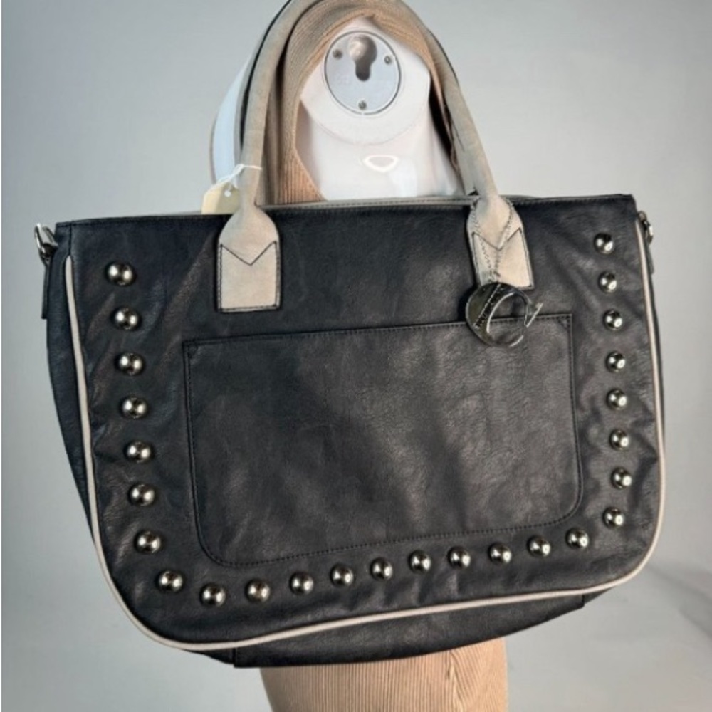 Chocolate Studded and Piped Edge Shoulder Bag OS Black Vegan Leather